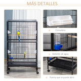 PawHut Gaiola para Pássaros com 4 Rodas Gaiola para Pássaros Metálica com Múltiplas Portas 4 Comedouros Bebedouro 2 Poleiros e Bandeja para Louros Canários Periquitos 79x52x137cm Preto