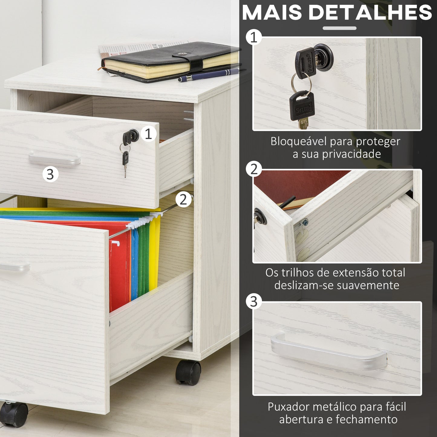 Vinsetto Bloco de Gavetas para Escritório Móvel de Arquivos com 2 Gavetas 5 Rodas com Travões e Fechadura com 2 Chaves para Escritório Secretária Casa 40x45x55,6cm Branco