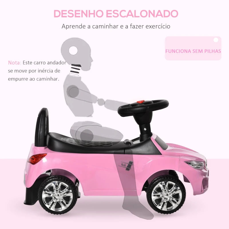 Carro Andador para Crianças de 18-36 Meses com Faróis Música Buzina Volante Compartimento de Armazenamento e Alça para Empurrar 63,5x28x36 Rosa