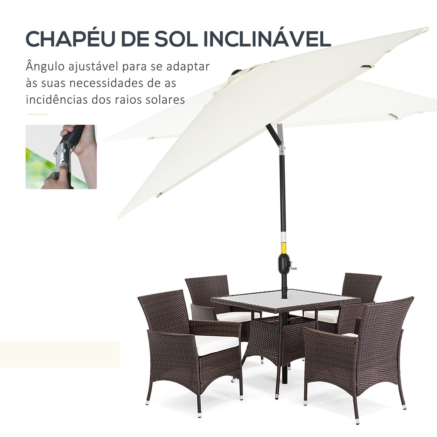 Outsunny Chapéu de Sol de Alumínio 195x295x240 cm Chapéu de Sol Retangular de Jardim Inclinável com Manivela e Mastro Desmontável para Terraço Piscina Pátio Exterior Creme