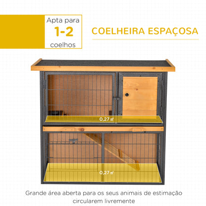 PawHut Coelheira de Exterior de Madeira para Animais Pequenos 2 Níveis com Rampa Bandeja Removível Portas com Fechaduras 89,5x45x81 cm Madeira e Cinza