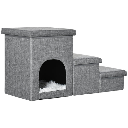 PawHut Escada para Cães Escada para Animais de Estimação de 3 Degraus com Tampas 3 Caixas de Armazenamento Caverna e Almofada Lavável para Cama Sofá 73,5x33x40,5cm Cinza