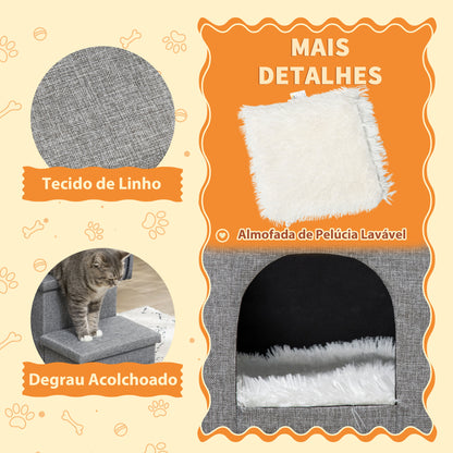 PawHut Escada para Cães Escada para Animais de Estimação de 3 Degraus com Tampas 3 Caixas de Armazenamento Caverna e Almofada Lavável para Cama Sofá 73,5x33x40,5cm Cinza