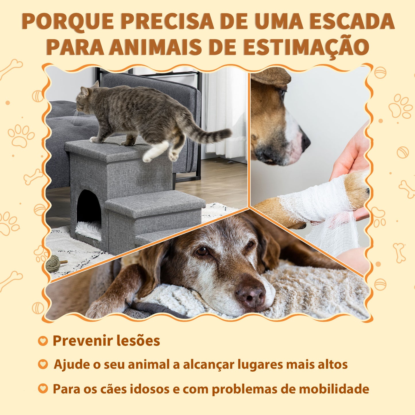 PawHut Escada para Cães Escada para Animais de Estimação de 3 Degraus com Tampas 3 Caixas de Armazenamento Caverna e Almofada Lavável para Cama Sofá 73,5x33x40,5cm Cinza