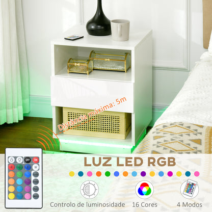 HOMCOM Mesa de Cabeceira Moderna com Luz LED Mesa de Cabeceira com Controlo Remoto Gaveta de Alto Brilho e 2 Prateleiras para Sala de Estar Dormitório 40x40x55 cm Branco