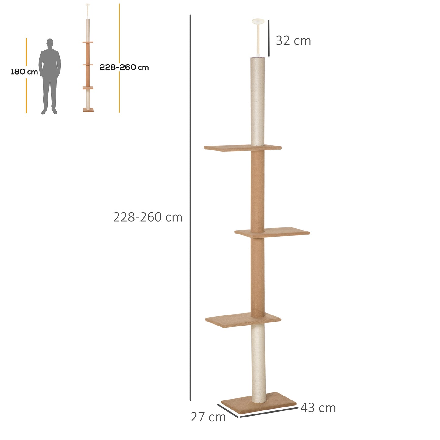 PawHut Arranhador para Gatos de Chão ao Teto 43x27x228-260 cm Torre para Gatos com Altura Ajustável 4 Plataformas e Poste de Sisal Marrom Claro