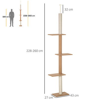 PawHut Arranhador para Gatos de Chão ao Teto 43x27x228-260 cm Torre para Gatos com Altura Ajustável 4 Plataformas e Poste de Sisal Marrom Claro