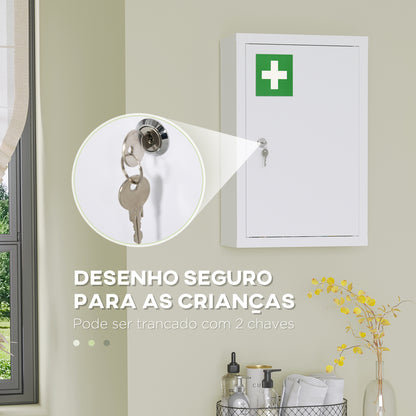 kleankin Armário Farmácia de Parede Armário de Medicamentos de Aço com 3 Prateleiras de Armazenamento e 2 Chaves para Casa de Banho 30x14x46 cm Branco