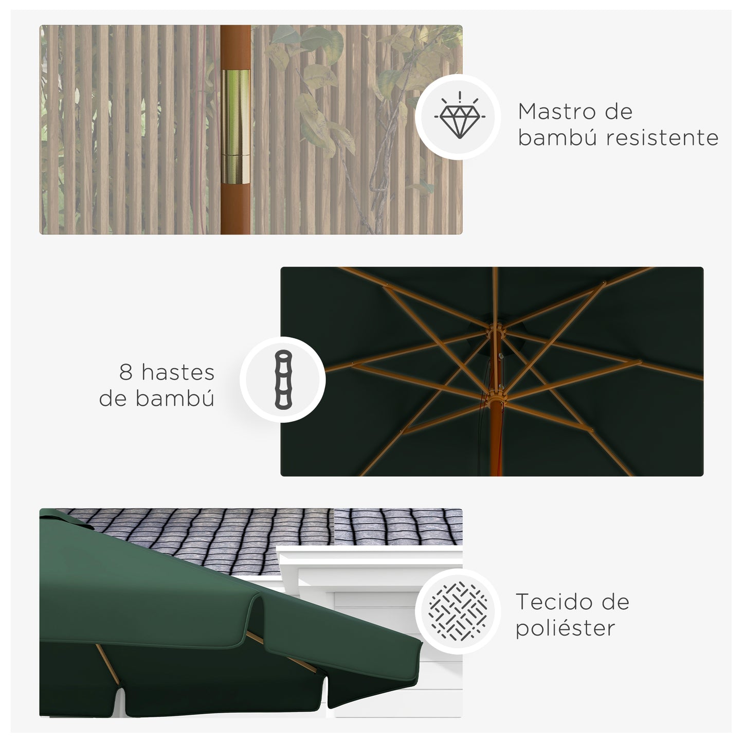 Outsunny Chapéu de Sol de Jardim Ø325x250 cm Chapéu de Sol de Madeira com Sistema de Polea Teto com Ventilação e 8 Hastes de Bambú para Terraço Balcão Exterior Verde