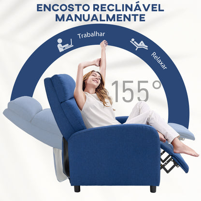 HOMCOM Poltrona Relax Reclinável até 155° Poltrona Reclinável Manual Estofado em Tecido Carga Máxima 150 kg para Pessoas com Altura Inferior 195 cm 67x87x98 cm Azul Escuro