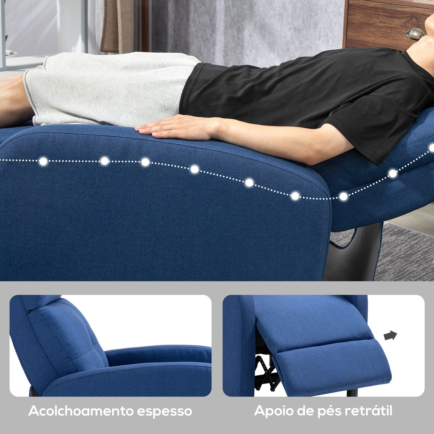 HOMCOM Poltrona Relax Reclinável até 155° Poltrona Reclinável Manual Estofado em Tecido Carga Máxima 150 kg para Pessoas com Altura Inferior 195 cm 67x87x98 cm Azul Escuro