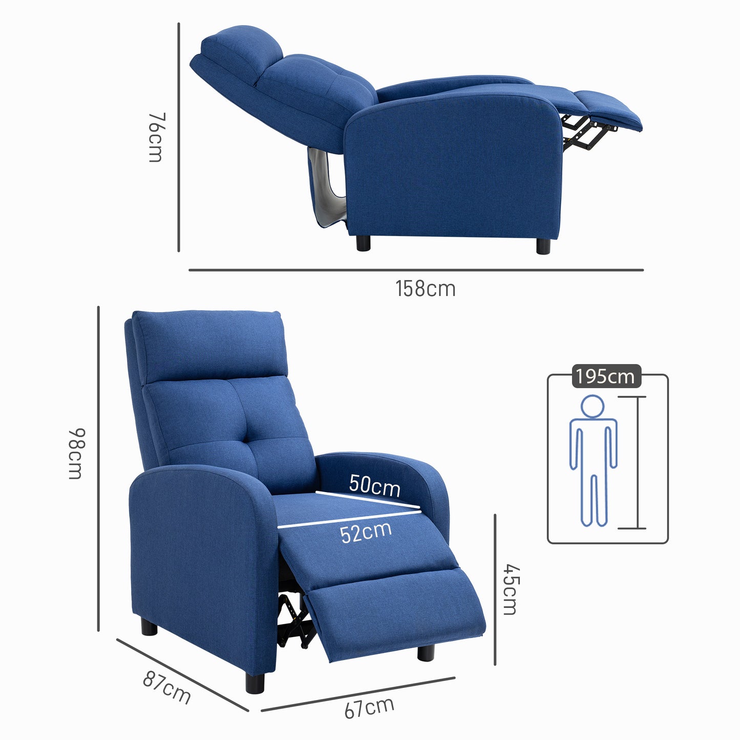 HOMCOM Poltrona Relax Reclinável até 155° Poltrona Reclinável Manual Estofado em Tecido Carga Máxima 150 kg para Pessoas com Altura Inferior 195 cm 67x87x98 cm Azul Escuro