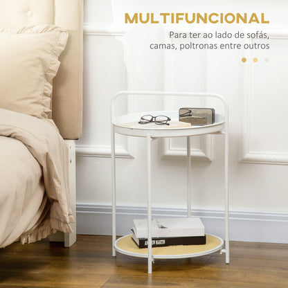 HOMCOM Mesa Auxiliar com Prateleira de Vime Plástico Bandeja Removível e Alça Portátil Mesa Lateral Redonda com Estrutura de Aço para Dormitório Escritório 43,5x42,5x60cm Branco