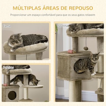 PawHut Árvore Arranhador para Gatos Pequenos Altura 94cm Torre para Gatos com Cama Superior Caverna 3 Escadas Bolas Suspensas e Postes de Sisal 55x55x94cm Marrom e Creme