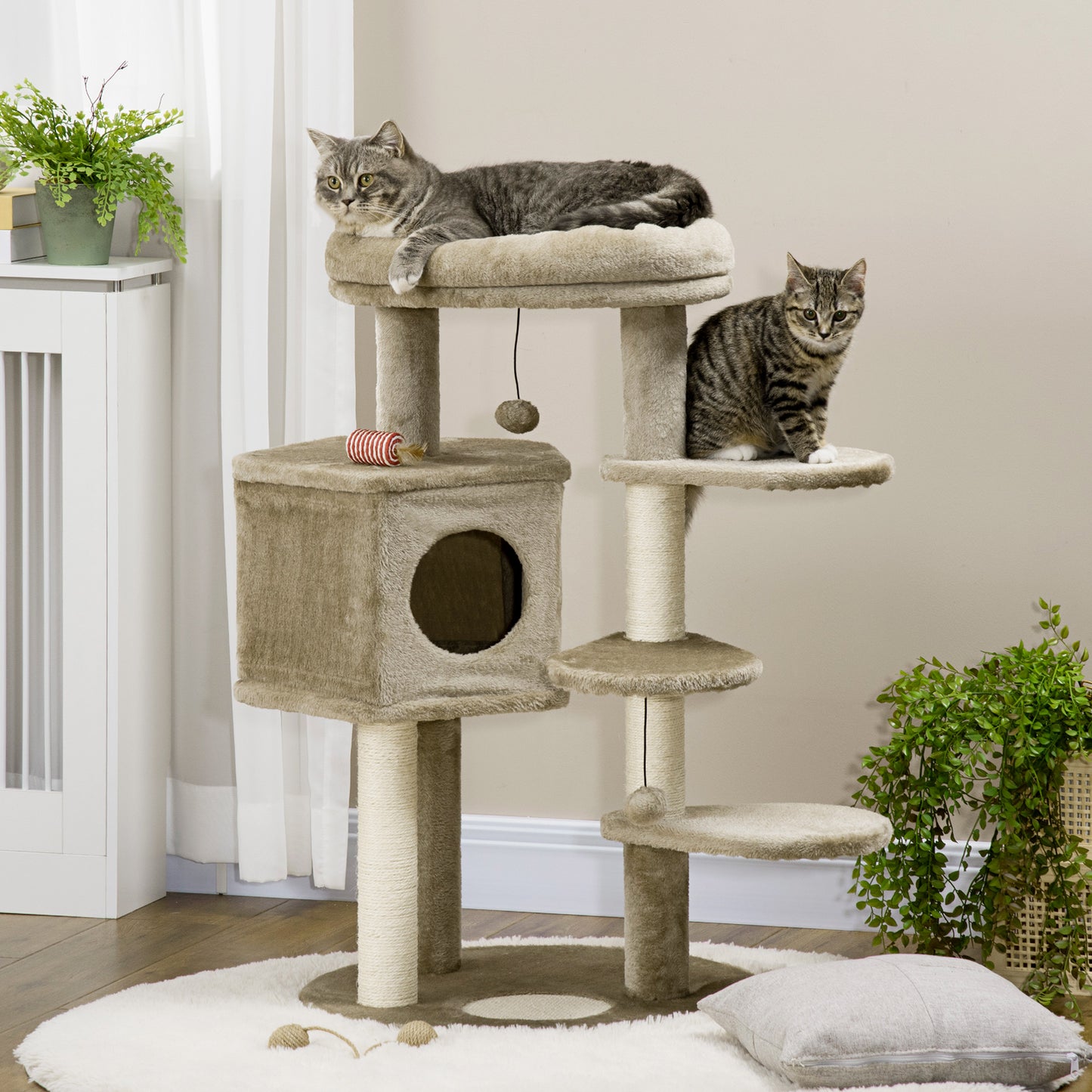 PawHut Árvore Arranhador para Gatos Pequenos Altura 94cm Torre para Gatos com Cama Superior Caverna 3 Escadas Bolas Suspensas e Postes de Sisal 55x55x94cm Marrom e Creme