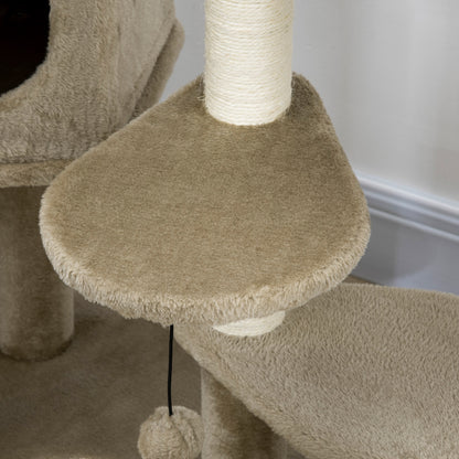 PawHut Árvore Arranhador para Gatos Pequenos Altura 94cm Torre para Gatos com Cama Superior Caverna 3 Escadas Bolas Suspensas e Postes de Sisal 55x55x94cm Marrom e Creme