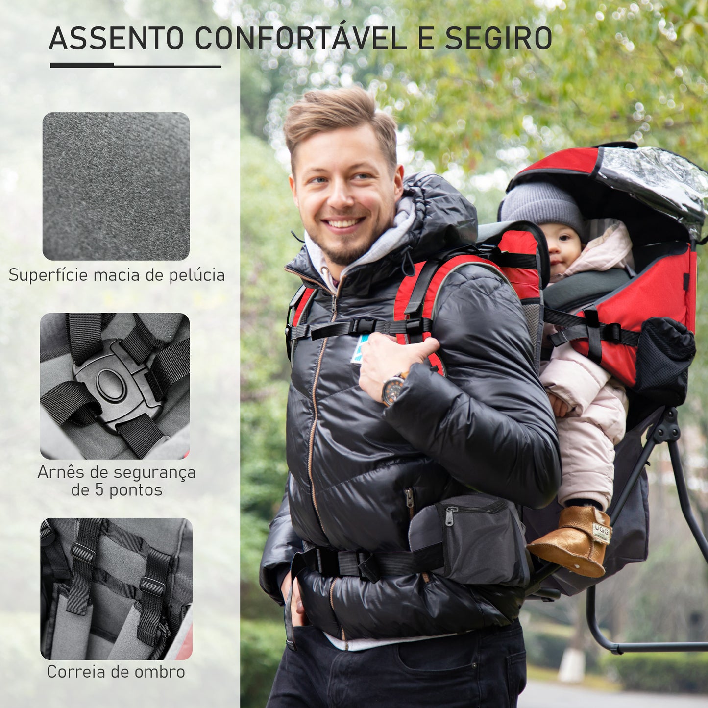 HOMCOM Mochila Porta Bebés Dobrável Mochila Porta Bebés Ergonómica com Capa Impermeável Base de Suporte e Múltiplos Bolsos para 6-36 Meses Carga Máxima 15kg 38x77x87,5cm Vermelho