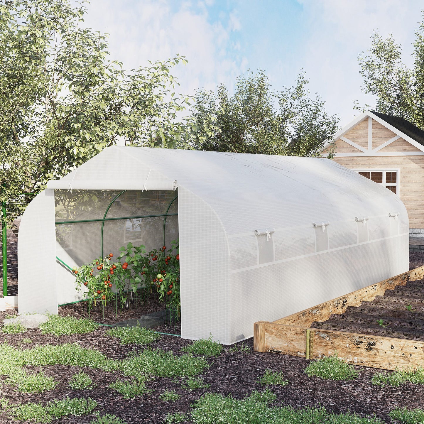 Outsunny Estufa Tipo Túnel de Jardim 600x300x200cm para Cultivo de Plantas Verduras com 8 Janelas e Porta Enroláveis com Zíper Aço Branco