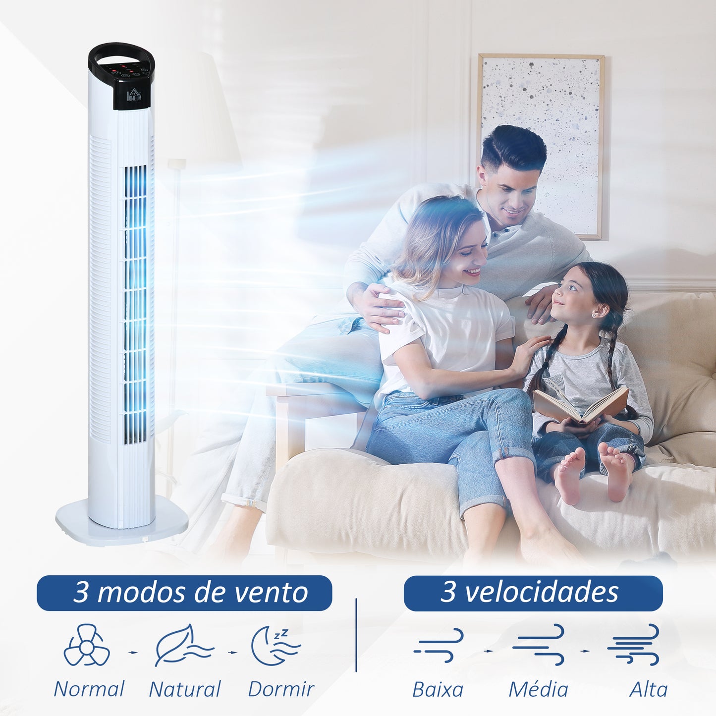 HOMCOM Ventoinha de Coluna 50W com Controlo Remoto 3 Velocidades Ecrã LCD Temporizador 7,5h e Oscilante 70° Ø20x78,5 cm Branco