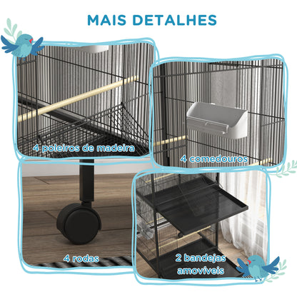 PawHut Gaiola para Pássaros 2 em 1 Gaiola de 2 Andares Convertível em Somente Uma com Rodas 4 Comedouros e 4 Poleiros e Bandejas Amovíveis para Canários 78x75x168 cm Preto