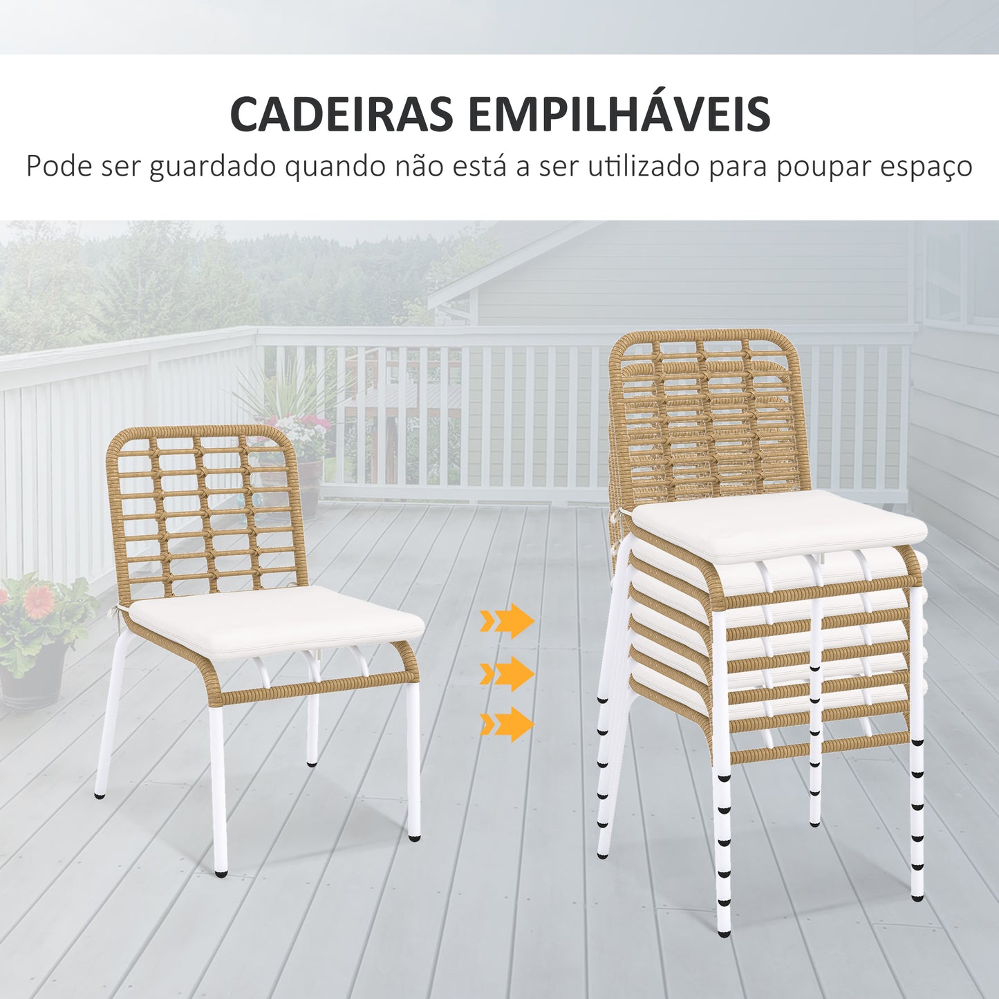 Outsunny Conjunto de Refeição de Vime Sintético Jogo de Móveis de Exterior de 7 Peças Inclui 6 Cadeiras Empilháveis com Almofadas e Mesa de Vidro Natural