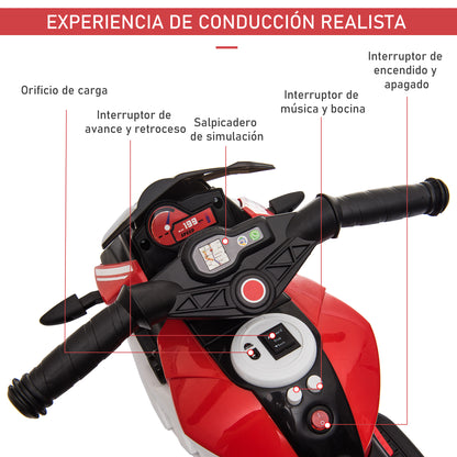 HOMCOM Motocicleta Elétrica Infantil com 3 Rodas Triciclo para Crianças acima de 3 anos com Bateria 6V Recarregável Funções de Música Buzina Faróis 86x42x52cm Preto e Vermelho