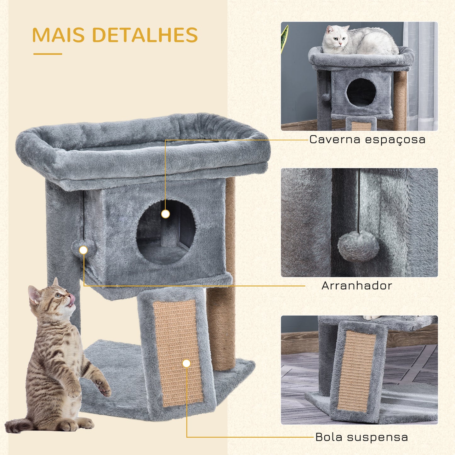 PawHut Árvore Arranhador para Gatos Pequenos Altura 57 cm Arranhador para Gatos com Poste de Juta Rampa Caverna e Bola Suspensa 40x40x57 cm Cinza