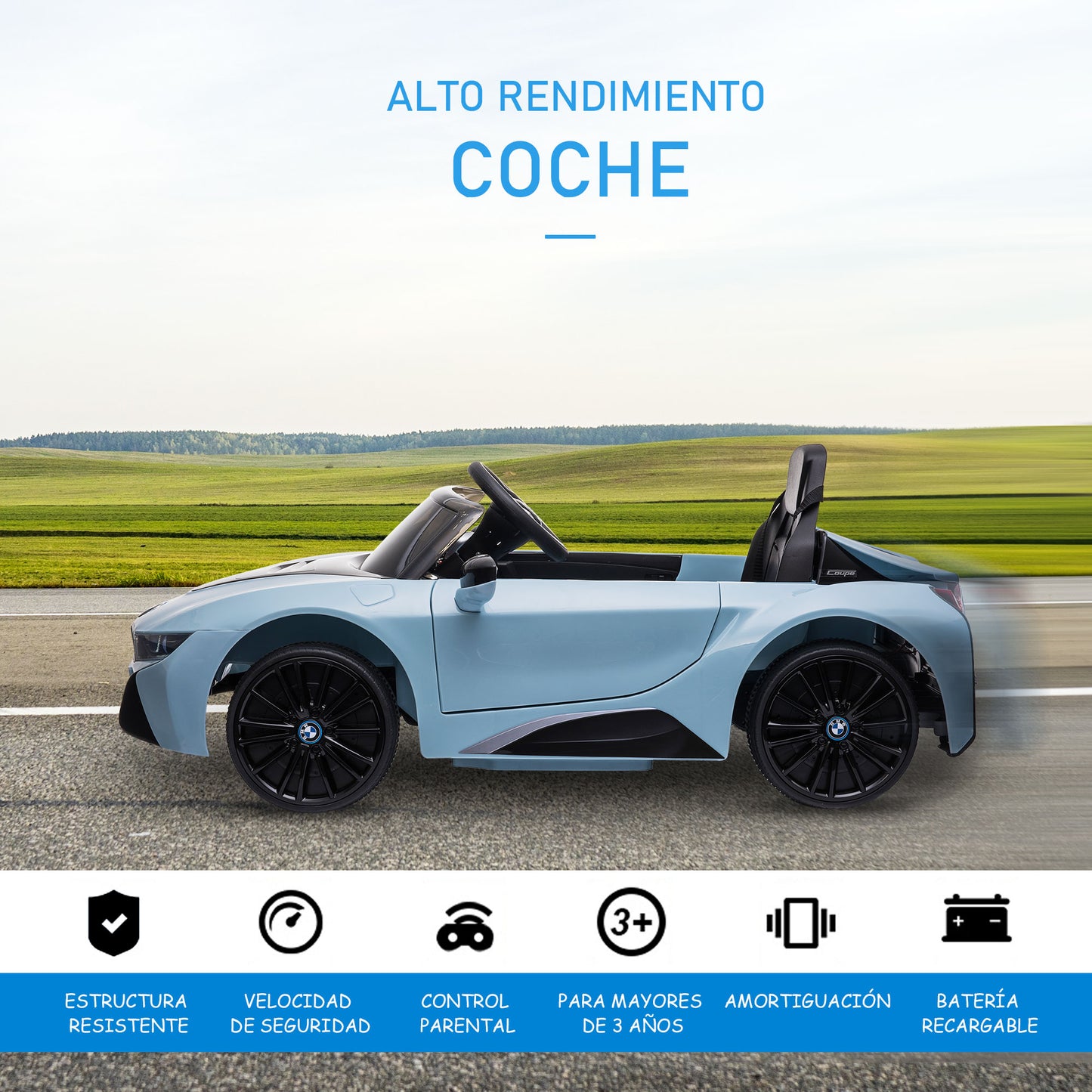 HOMCOM Carro elétrico BMW I8 COUPE com licença para crianças de +3 anos Bateria 6V Controle Remoto e Manual com Buzina Música MP3 e Faróis 115x72,5x46 cm Azul