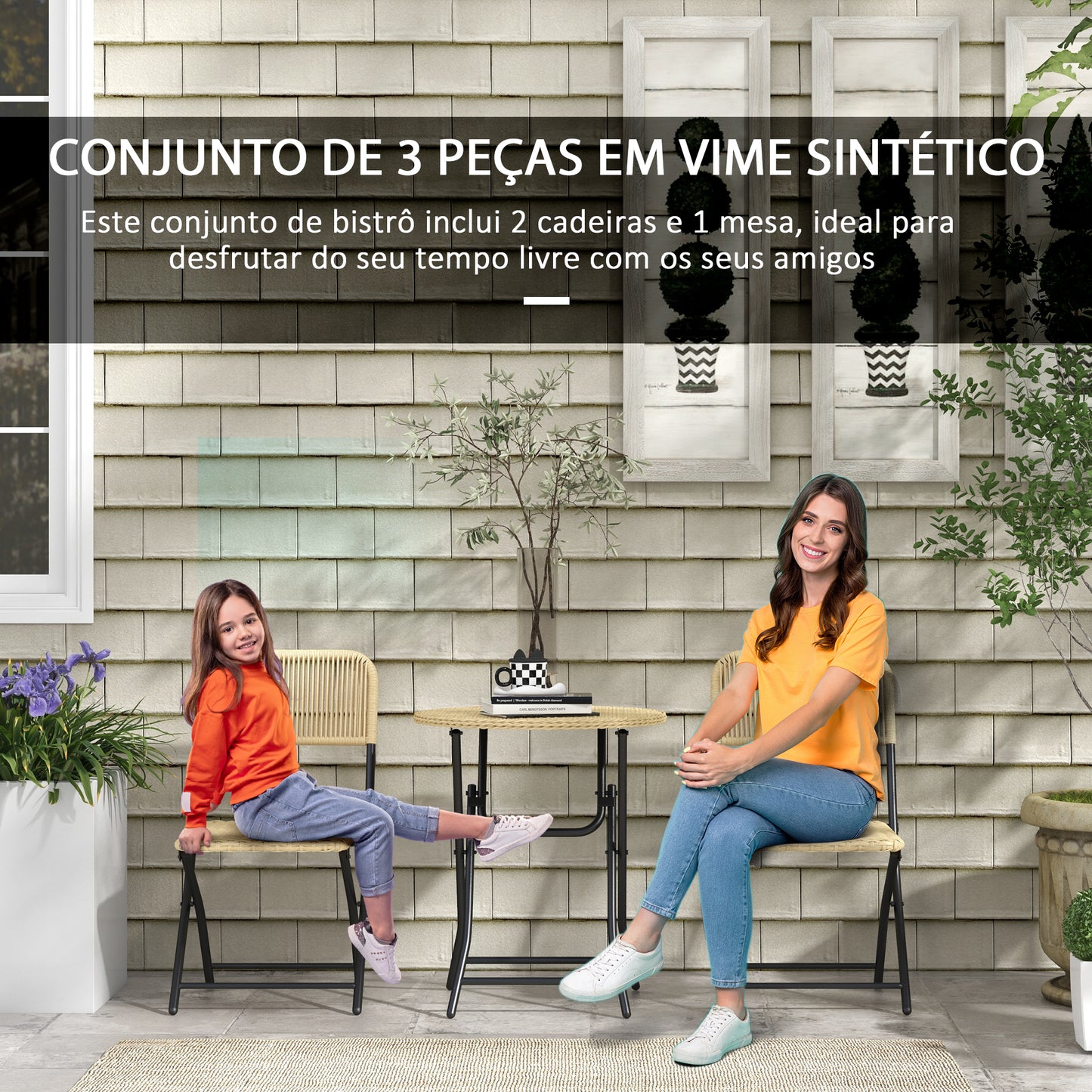 Outsunny Conjunto de Mesa e Cadeiras de Jardim de Vime Conjunto de 3 Peças Móveis de Jardim Dobrável com 2 Cadeiras e 1 Mesa Redonda para Varanda Madeira