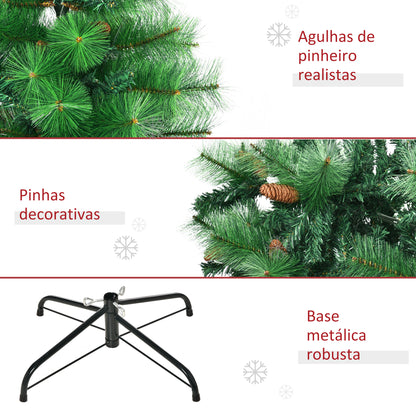 HOMCOM Árvore de Natal Artificial 180cm com 782 Ramos 56 Pinhas Folhas de PVC Base Dobrável e Suporte Metálico Decoração de Natal para Interiores Verde