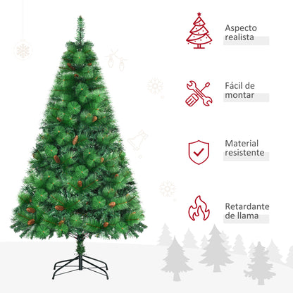 HOMCOM Árvore de Natal Artificial 180cm com 782 Ramos 56 Pinhas Folhas de PVC Base Dobrável e Suporte Metálico Decoração de Natal para Interiores Verde