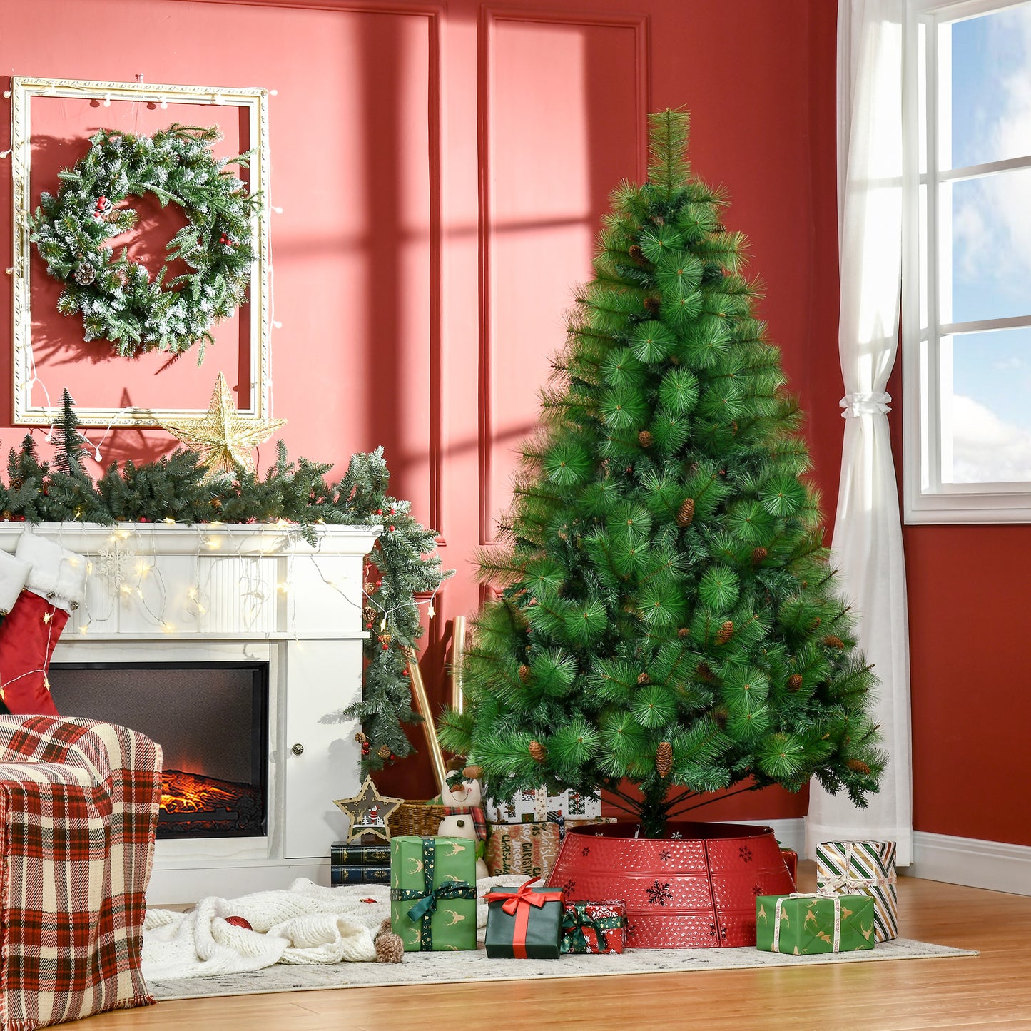 HOMCOM Árvore de Natal Artificial 180cm com 782 Ramos 56 Pinhas Folhas de PVC Base Dobrável e Suporte Metálico Decoração de Natal para Interiores Verde