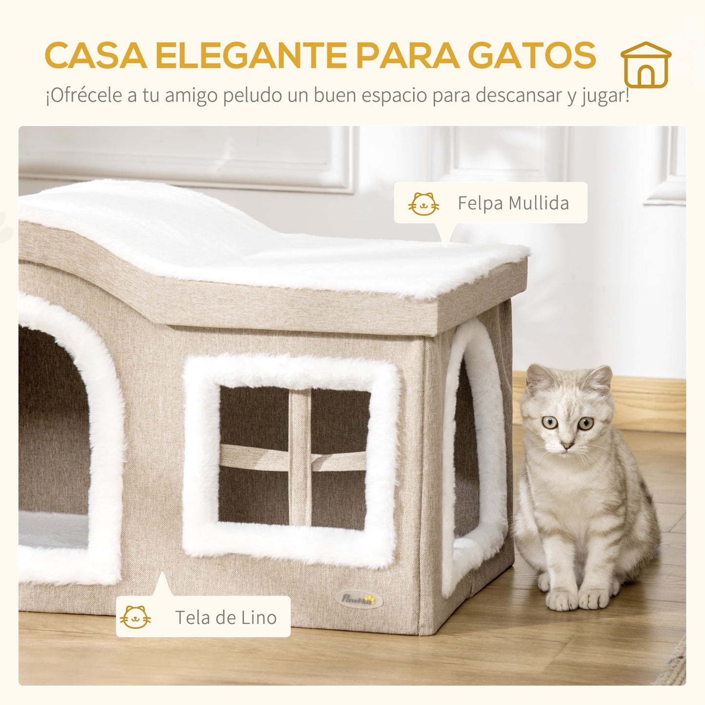 PawHut Casa Dobrável para Gatos Caverna para Gatos Grande com Tampa Removível Almofadas 2 Entradas e Janela 63,5x37x40cm Bege