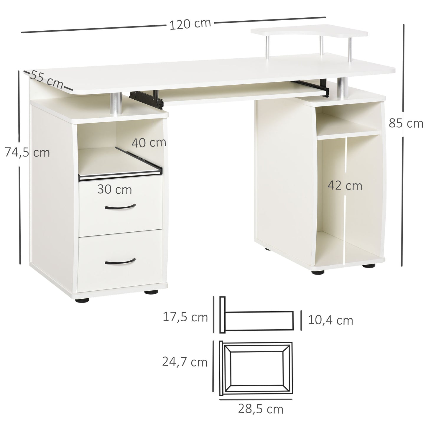 HOMCOM Mesa de Computador Mesa de Escritório com Múltiplas Prateleiras 2 Gavetas Bandeja de Teclado e Suporte para Monitor e CPU 120x55x85 cm Branco