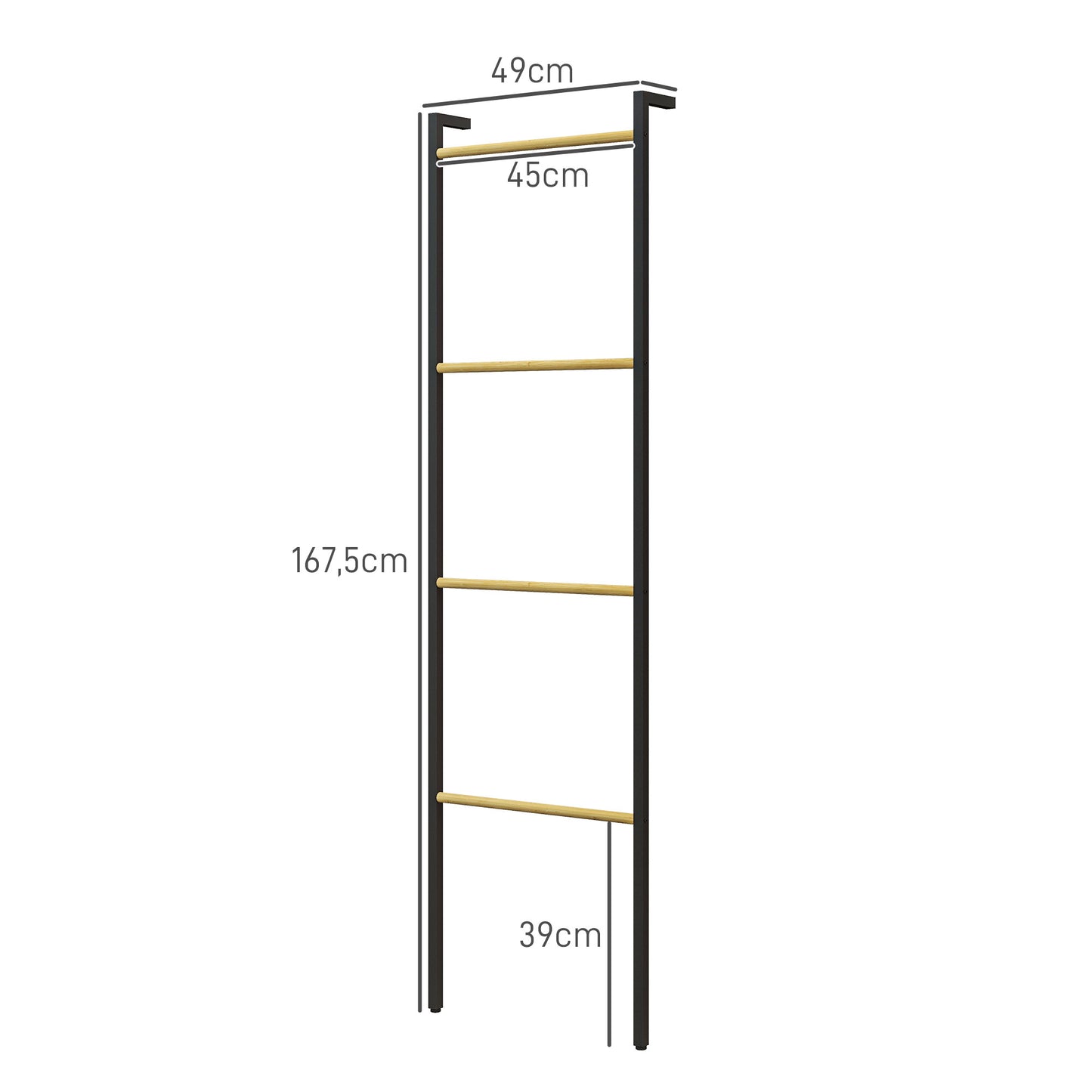 HOMCOM Toalheiro de 4 Níveis Toalheiro Escada Apoiado na Parede Toalheiro Casa de Banho com 4 Barras de Bambu e Estrutura de Aço 49x5,5x167,5 cm Preto e Madeira