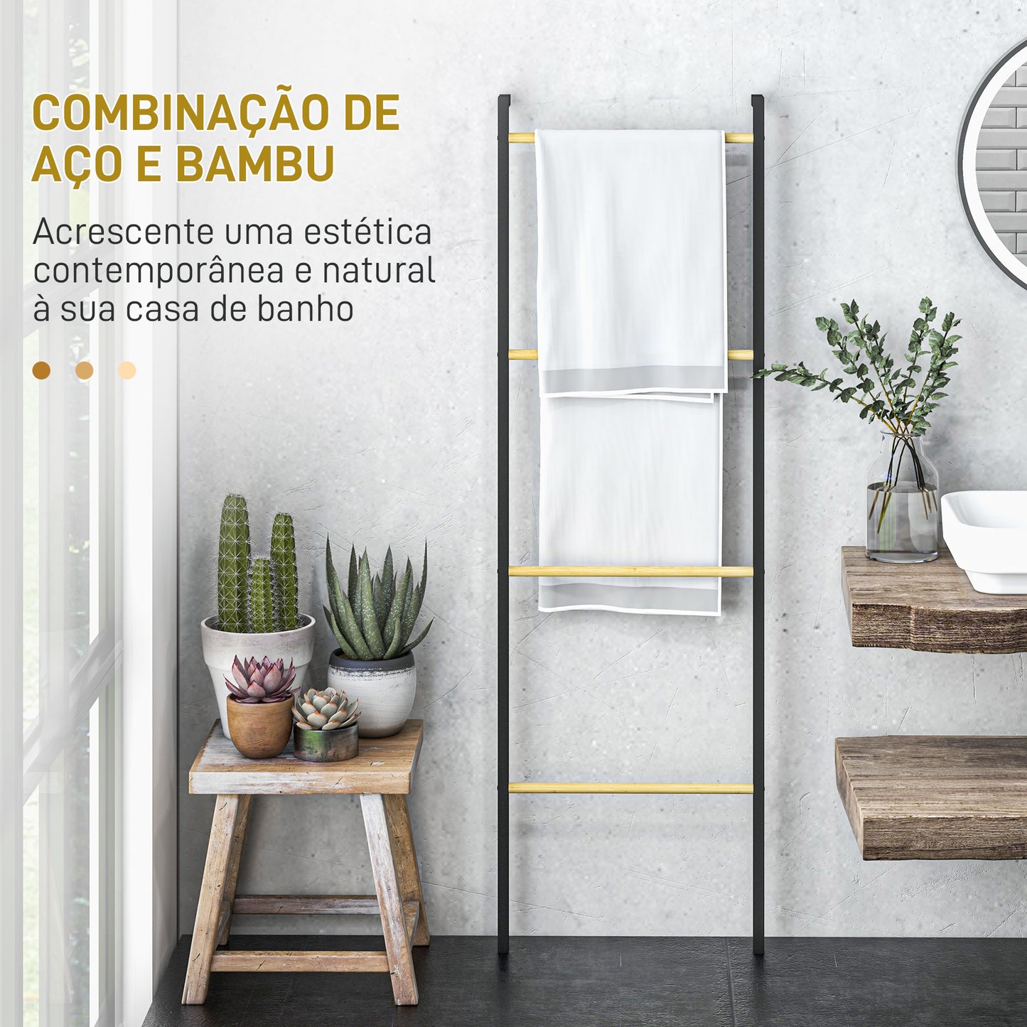 HOMCOM Toalheiro de 4 Níveis Toalheiro Escada Apoiado na Parede Toalheiro Casa de Banho com 4 Barras de Bambu e Estrutura de Aço 49x5,5x167,5 cm Preto e Madeira