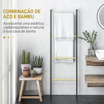 HOMCOM Toalheiro de 4 Níveis Toalheiro Escada Apoiado na Parede Toalheiro Casa de Banho com 4 Barras de Bambu e Estrutura de Aço 49x5,5x167,5 cm Preto e Madeira