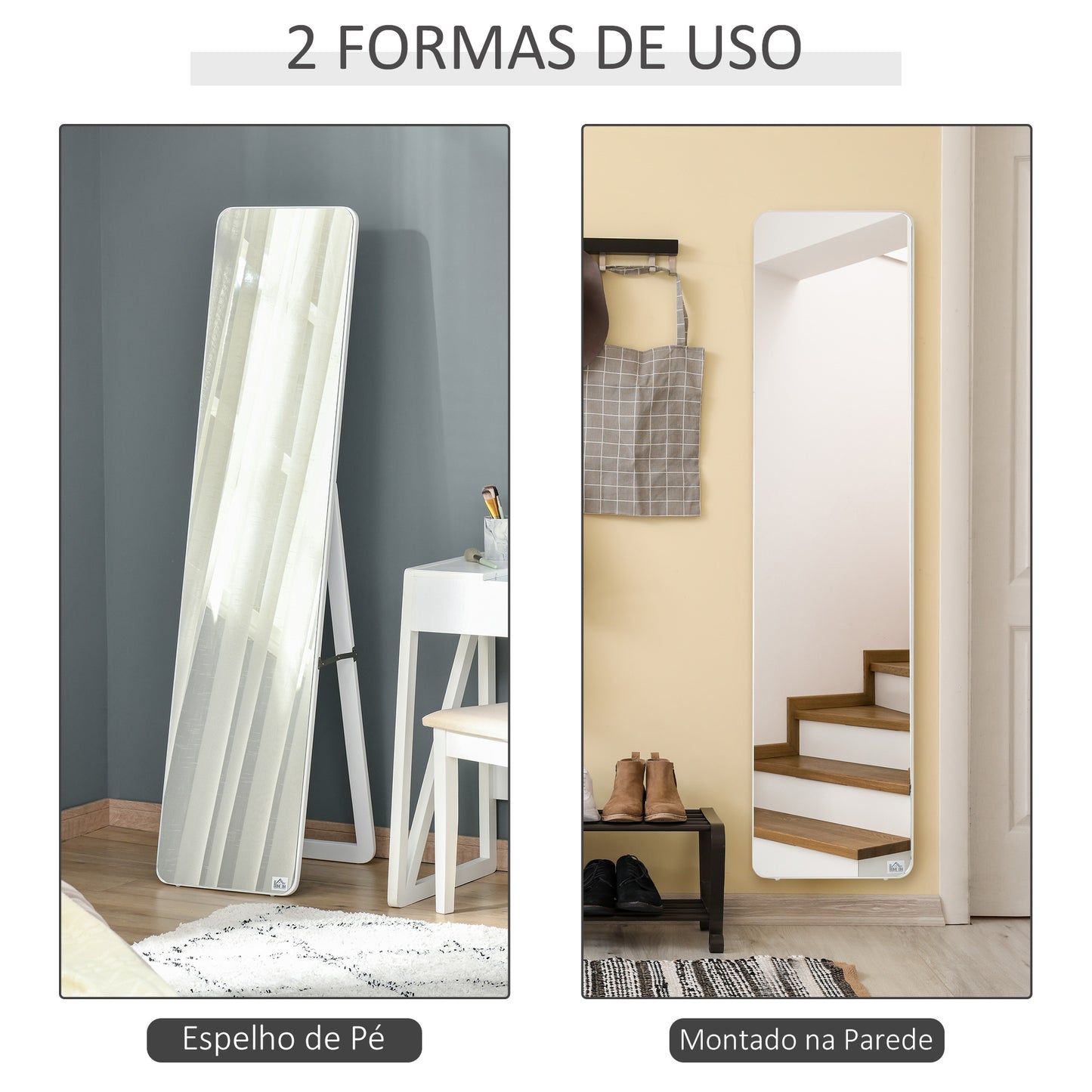 HOMCOM Espelho de Pé de Corpo Inteiro Retangular Espelho de Parede com 2 Formas de Uso Estrutura de Madeira de Pinho para Dormitórios Sala de Estar Corredor 37x43x156cm Branco