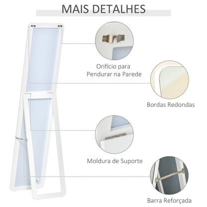 HOMCOM Espelho de Pé de Corpo Inteiro Retangular Espelho de Parede com 2 Formas de Uso Estrutura de Madeira de Pinho para Dormitórios Sala de Estar Corredor 37x43x156cm Branco