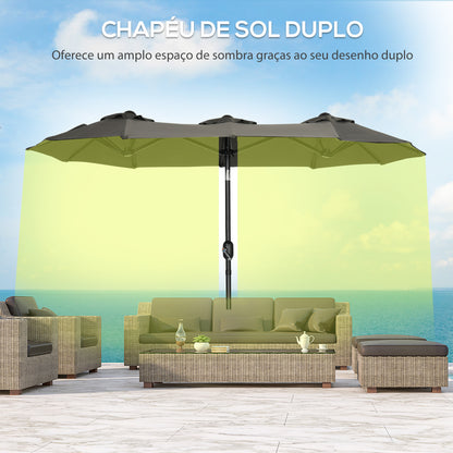 Outsunny Chapéu de Sol Duplo 285x147x227cm Chapéu de Sol de Jardim com Inclinação de 45° Manivela Estrutura de Aço para Pátio Varanda Piscina Cinza