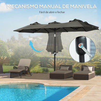 Outsunny Chapéu de Sol Duplo 285x147x227cm Chapéu de Sol de Jardim com Inclinação de 45° Manivela Estrutura de Aço para Pátio Varanda Piscina Cinza