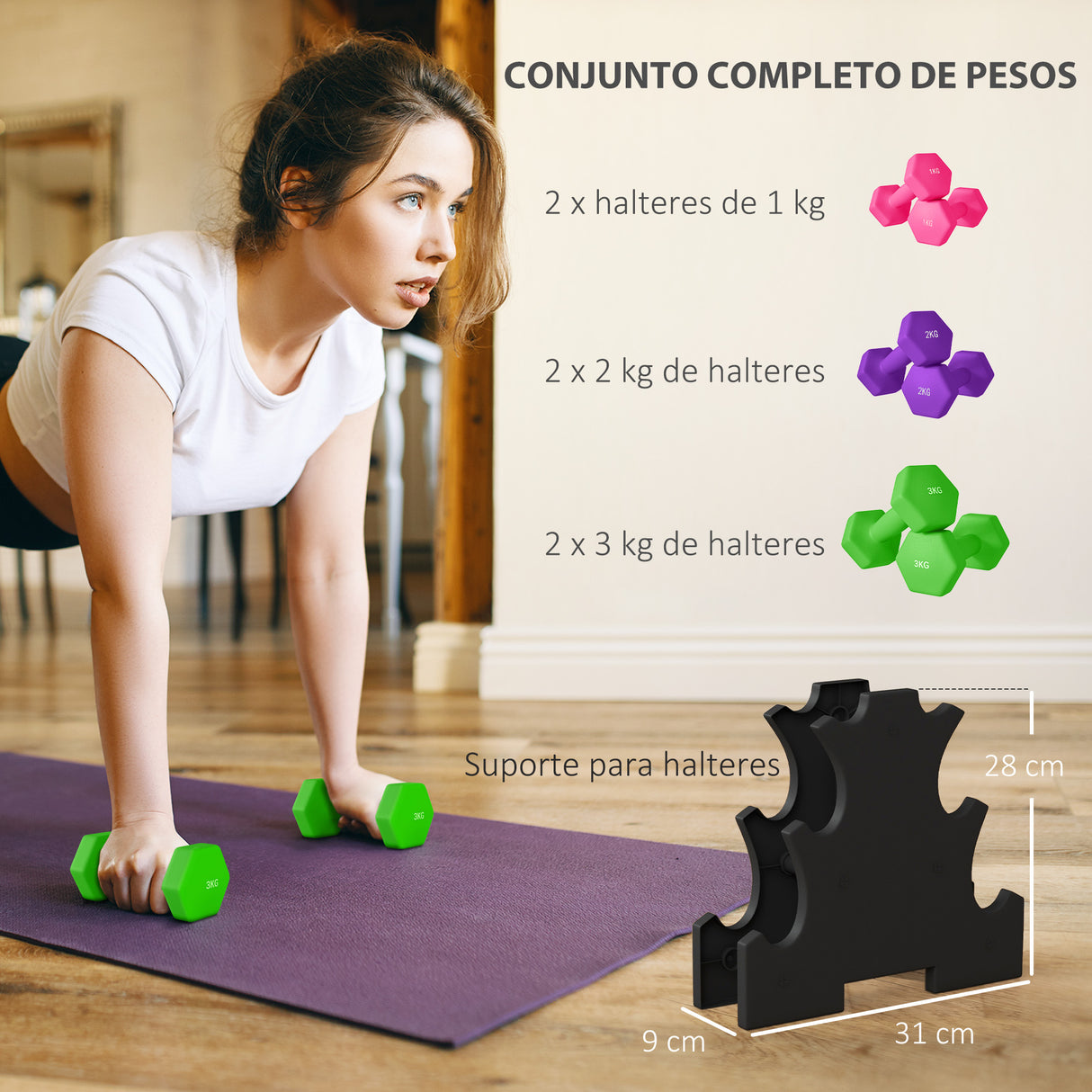 SPORTNOW Jogo de Halteres 2x1 kg 2x2 kg 2x3 kg Conjunto de Halteres Hexagonais com Suporte de Armazenamento para Exercício Treino em Casa Ginásio Multicolor