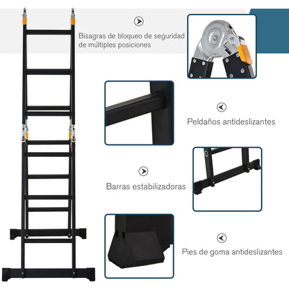 Escada multiuso portátil 5 em 1 Cavalete com 2 placas de plataforma Pé antiderrapante 6 Comutadores Dobradiça Alumínio 150kg 70x61x11cm Preto