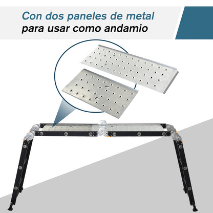 Escada multiuso portátil 5 em 1 Cavalete com 2 placas de plataforma Pé antiderrapante 6 Comutadores Dobradiça Alumínio 150kg 70x61x11cm Preto