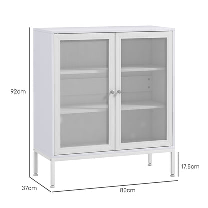 HOMCOM Aparador de 3 Níveis Móvel Auxiliar com Portas de Malha e Prateleira Ajustável Aparador de Cozinha Moderno para Sala 80x37x92 cm Branco