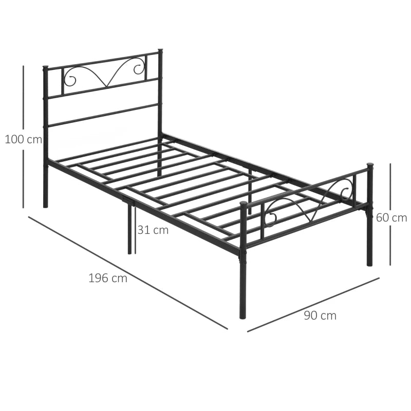 Estrutura de Cama Individual de Metal 31cm para Colchão 90x190cm com Cabeceira com Forma de Mariposa Estrutura de Cama com Espaço em Baixo de Armazenamento 95x196x100cm Preto