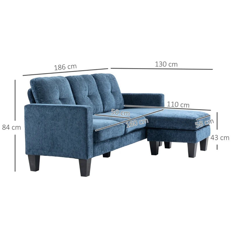 Sofá Chaise Longue Sofá em Forma de L Estofado em Poliéster Sofá de Canto Reversível com 3 Almofadas e Pés de Madeira para Sala de Estar Carga Máxima 180 kg 186x130x84 cm Azul