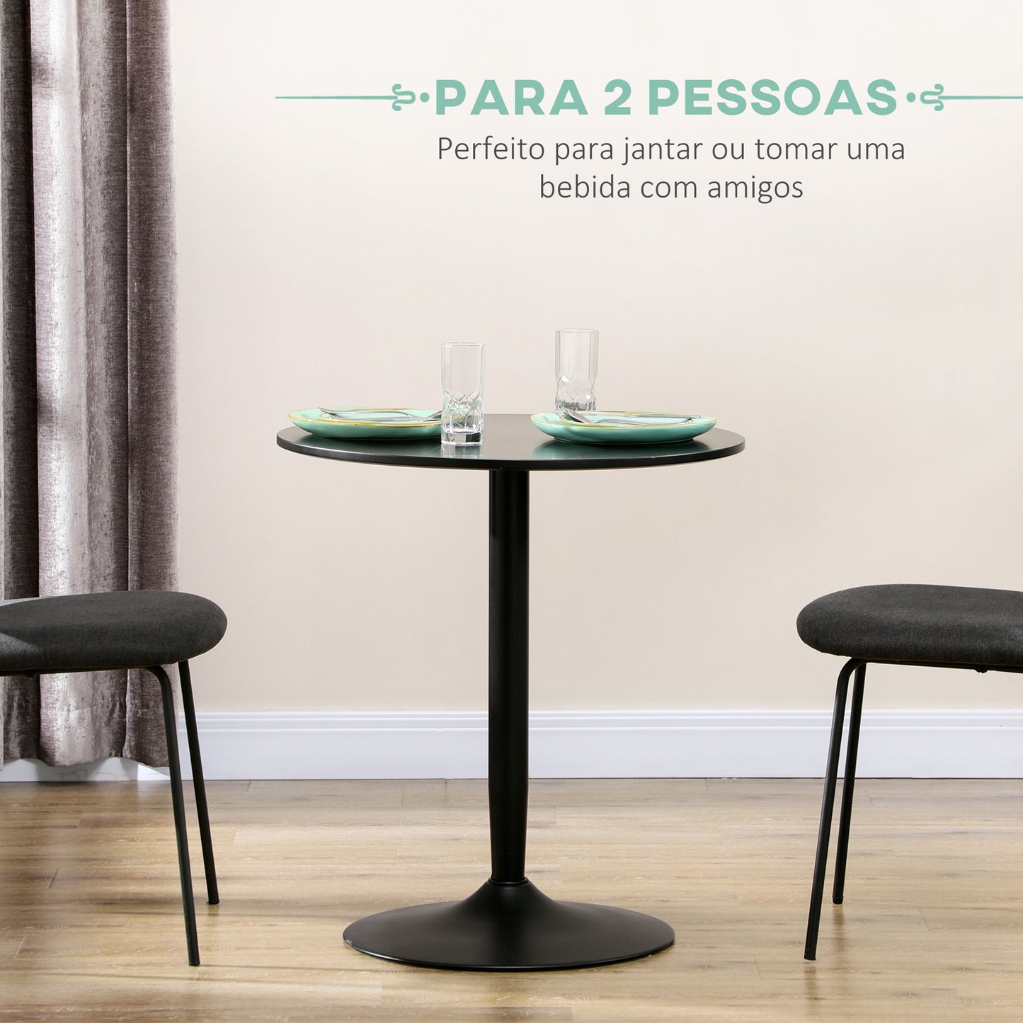 HOMCOM Mesa de Cozinha Redonda Mesa de Jantar Moderna para 2 Pessoas com Base de Aço e Almofadas Antiderrapantes Ø80x75 cm Preto