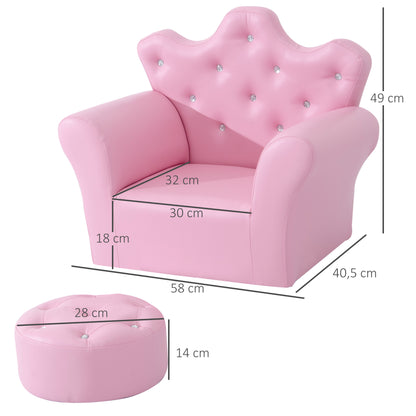 HOMCOM Sofá para Crianças com Banco Sofá Infantil Decorativo com Encosto Alto em Forma de Coroa e Apoio para os Braços Acolchoado 58x40,5x49cm Rosa