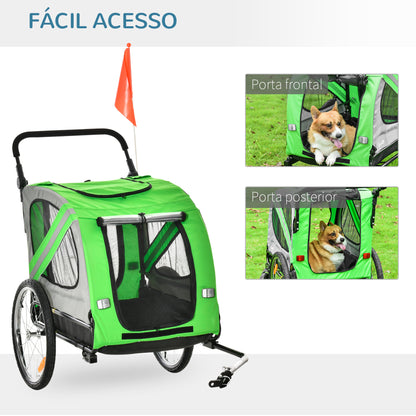 PawHut Reboque de Bicicleta para Cães 2 em 1 Transporte para Animais de Estimação com Porta Enrolável Janelas Cinto de Segurança Bandeira e 6 Refletores 134x73x108cm Verde